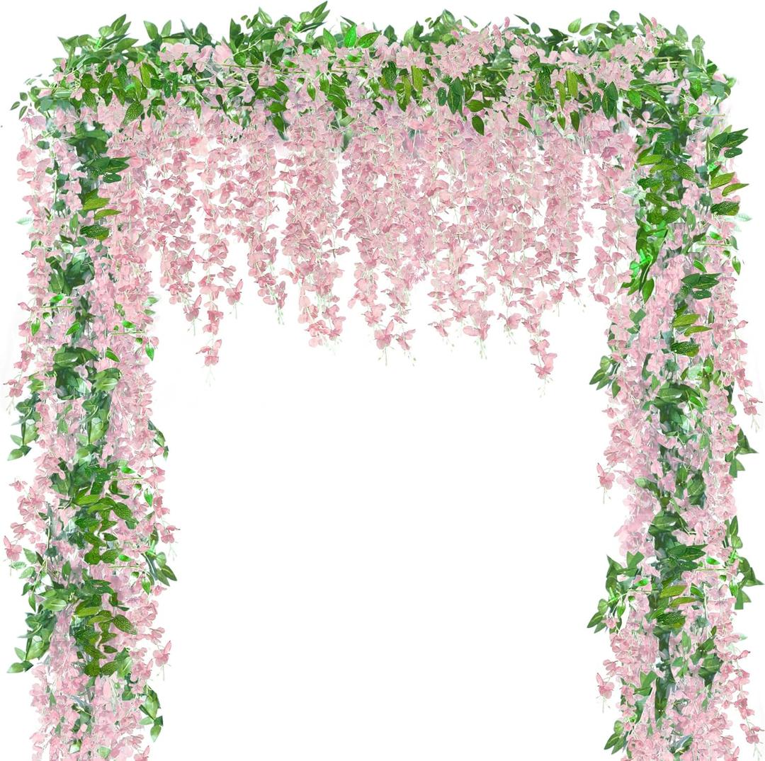 Sggvecsy 6Pcs Wisteria Garland Artificial Flowers Garland Fake Hanging Wisteria Vines Rattan Silk Hanging Flower Vines for Home Garden Outdoor Wedding Arch Party Ceremony Total 35.4Ft (Pink)