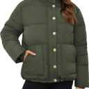 Funlingo Women's Cropped Puffer Jacket Winter Stand Collar Zip Up Snap Button Warm Lightweight Short Quilted Coat (Green, XS)