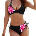 Blooming Jelly Women's Bikini Set Two Piece Swimsuit Triangle Top String Mid Rise Bottom Cheeky Bathing Suit (Black Floral) S