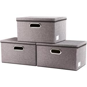 PRANDOM Storage Bins with Lids [3-Pack] Linen Fabric Foldable Storage Boxes Organizer Containers Baskets Cube with Cover for Home Bedroom Closet Office Nursery Grey11.4X8.6X6.7 (Gray)