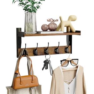 FNBAR Wall Hooks with Shelf, Wood Coat Rack with Shelf Wall-Mounted, Entryway Hanging Shelves with 5 Metal Hooks for Clothes Hats Towel Purse Robes, Bathroom Mudroom Bedroom, Rustic Brown