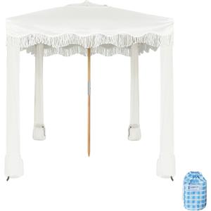AMMSUN Beach Cabana with Beach Blanket, 7' x 7' Boho Canopy with Tassels, Premium Wood Pole, Fringe Cabana Tent with Sand Pockets, Instant Sun Shade for Sand, Garden, Outdoor, Elegant White