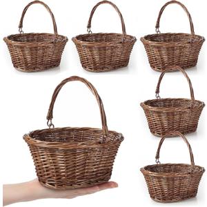 Barydat 6 Pcs Small Wicker Picnic Basket with Handle Flower Girl Baskets Oval Willow Woven Braided Gift Basket for Easter Weddings Baby Shower Home Garden Decor (Brown,9" x 7" x 4")