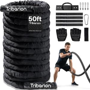Battle Rope for Home Gym Workout - 1.5 Inch 50ft Heavy Weighted Training Exercise Ropes Fitness Equipment with Sleeve and Anchor Strap Kit for Crossfit Outdoor Working Out