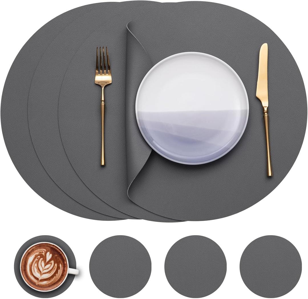 Myir JUN Round Table Placemats Set of 4 Faux Leather Place Mats and Coasters 15 inch Dual Sided Non-Slip Stain Resistant (Gray 01, Set of 4)