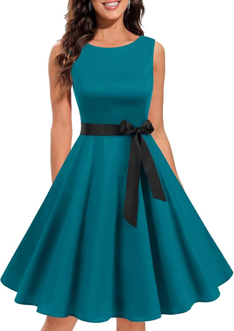 Gardenwed Women's Vintage Cocktail Tea Party Dress Boatneck Sleeveless 1950s Retro Rockabilly Swing Dresses Turquoise L