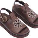Brown Flower Platform Sandals for Women with Adjustable Buckle Back Strap Comfort Summer Open Toe Slip on Slingback T-Strap Beach Sandals. (8.5)
