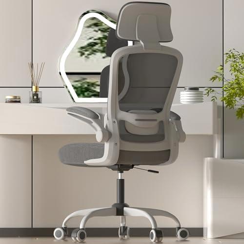 Mimoglad Office Chair, Comfy Desk Chair - High Back Ergonomic Computer Chair with Adjustable Lumbar Support & Headrest, Flip-up Armrests for Guitar Playing, Swivel Task Chair for Home Office (Grey)