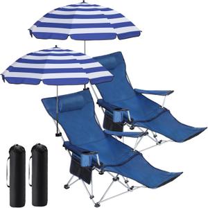 Karenhi 2 Set Reclining Beach Chair with Umbrella for Adult Folding Camping Chair with Foot Rest Adjustable Clamp Canopy Shade for Outdoor Patio Travel Beach Fishing Picnic (Dark Blue and White)