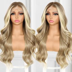 Ash Blonde Lace Front Wig 13x4 Pre Plucked Omber Long Synthetic Wig for Women Body Wave 150% Density Heat Resistant Hair 26 Inch Daily Party Use
