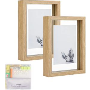 MUYE 5x7 Floating Frame Set of 2,Double Glass Rustic Photo Frame for Wall Hanging or Tabletop Standing, Also Display 4x6 or 3x5 Photo for Floating Effect, Natural