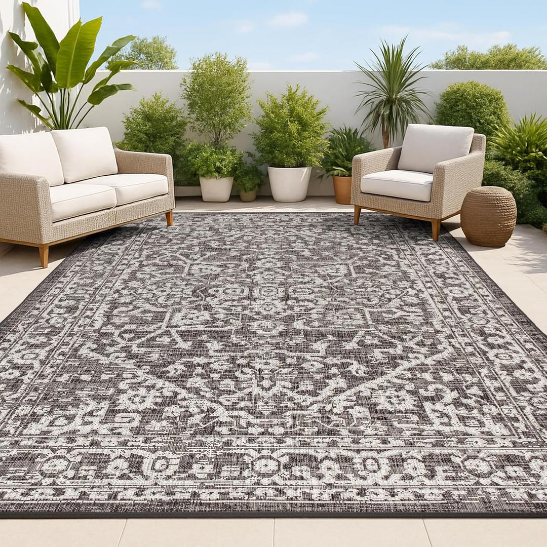 JONATHAN Y Boho Medallion Indoor Outdoor Area Rug 8X10 Black/Gray, Malta Textured Weave for Backyard, Patio, Porch, Easy-Cleaning, High Traffic, Pet-Friendly, Non-Shedding (SMB104C-8) (7'9" x 10' (Rectangular))