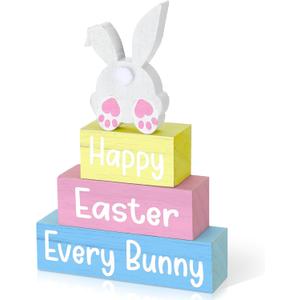 4 Pcs Easter Table Decoration Happy Easter Every Bunny Wooden Block Sign Pastel Bunny Centerpiece Spring Wood Blocks Tiered Tray Decor for Home Kitchen Tabletop Display