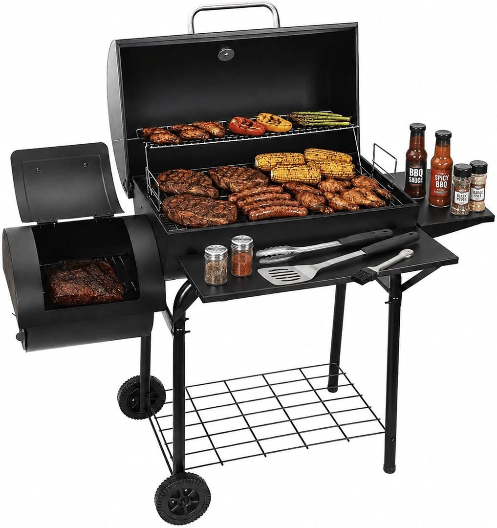 Realcook Charcoal Grill with Offset Smoker: Spacious Barrel Charcoal Grills with 800 Sq. In. Cooking Space - BBQ Offset Smoker Combo for Backyard Parties Weekend Barbecues Gatherings
