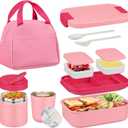 Bento Lunch Box Set with 10.5oz Soup Thermo Food Jar for Adults Kids, Stainless Steel Leak-proof Lunch Container with 4 Compartment, Coffee Tumbler with Lunch Bag for School Travel Office-Pink