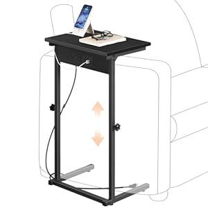HOOBRO C-Shaped End Table with Charging Station, Adjustable Height Sofa Tray Arm Table, Slide Under Couch Table, Small C Side Table for Small Space in Living Room, Bedroom, Black BB71USF01