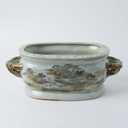 JINDEZHEN Vintage Blue and White Flower & Birds Porcelain Footbath Planter Chinoiserie Scenery Motif Ceramic Flower Pot (Brown)