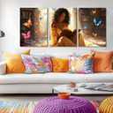 3pcs Black Girl Reading Books Canvas Wall Art Colorful Book Butterflies Wall Decor Pictures African American Girl Posters Prints For Living Room Bedroom Study Reading Room Decoration Prepare To Hang