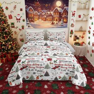 QOOMO 3 Piece Christmas Quilt Set, Christmas Tree Snowflake Quilt Bedspread Throw Blanket Lightweight Bedspread Coverlet Bedding Set Full/Queen Size
