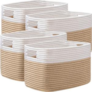 UBBCARE 4 Pack Storage Baskets for Organizing, Shelf Baskets with Handles, Woven Storage Baskets for Bookcase/Cube Shelf/Closet, 14.5"L x 9.8"W x 9"H, White&Brown