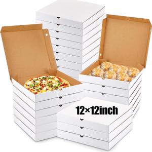 PerKoop 100 Pcs 12" x 12" Pizza Boxes Bulk 12inch Empty Cardboard Pizza Box Reusable Square Food Serving Container for Takeout Bakery Restaurant Party Supplies(White and Kraft)