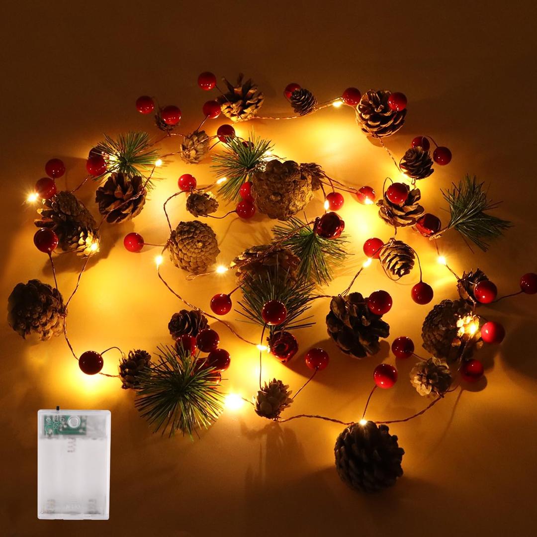 SULOLI Christmas Garland with Lights, 6.5FT 20 LED Red Berry Pine Cone Garland Lights Battery Operated for Christmas Home Decorations