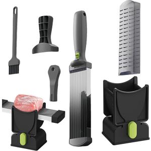 Manual Meat Slicer for Home, Stainless Steel Meat Cutter Cuts 18 Slices in One Motion, Adjustable Blade, Portable Thin Chicken Slicer with Cleaver Knife, Brush & Sharpener