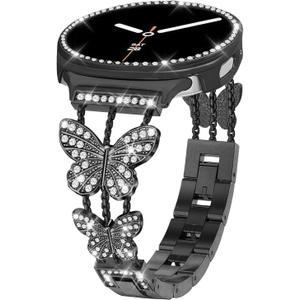 Bling Band with Case Compatible for Samsung Galaxy Watch 8 40mm 44mm, Women Diamond Butterfly Metal Bracelet Rhinestone Strap with Protector Case (Black)