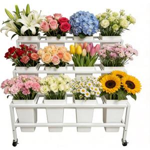 Flower Display Stand with 12 Buckets, 3-Tier Rolling Flower Cart with Lockable Wheels, Heavy Duty Bouquet Bar Stand for Florist Shop Wedding Party Patio Garden Indoor Outdoor Decor