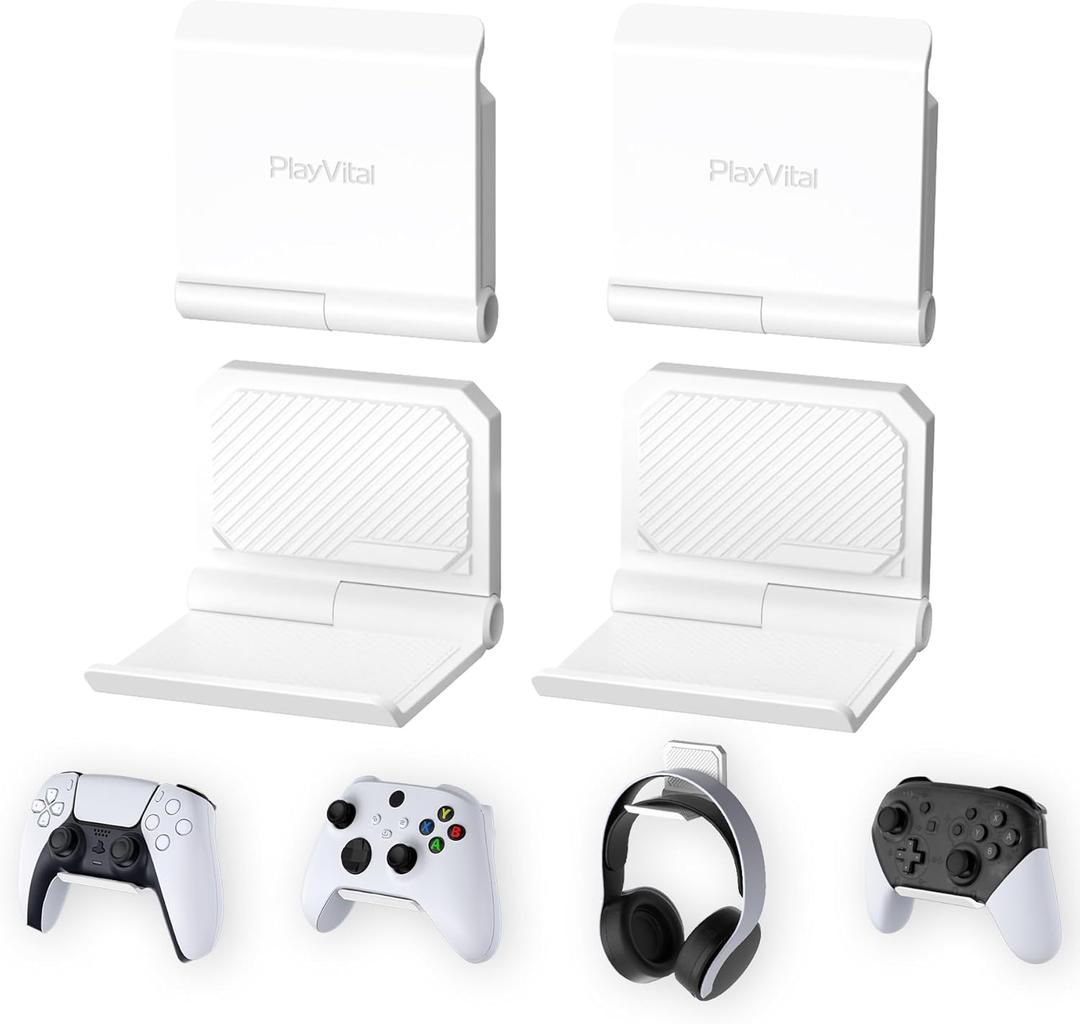 PlayVital FOLD Controller Holder Wall for ps5 ps4 Xbox Switch 2 Pro Headset, 2 Pack Universal Storage Organizer Gaming Controller Stand Headphone Mount - Foldable Anti-slip Adhesive Removable, White