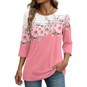 Zeagoo Womens Tops 3/4 Length Sleeve Blouses Dressy Casual Shirt Pleated Front Tunic Floral Printed Spring Clothes (Pink, XXXL)