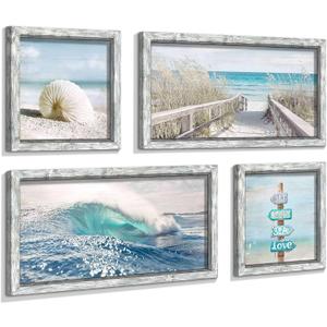 Ocean Wall Art Wooden Framed: Beach Artwork Coastal Prints Set of 4 Seascape Wall Decor for Living Room Overall 36"W x 24"H
