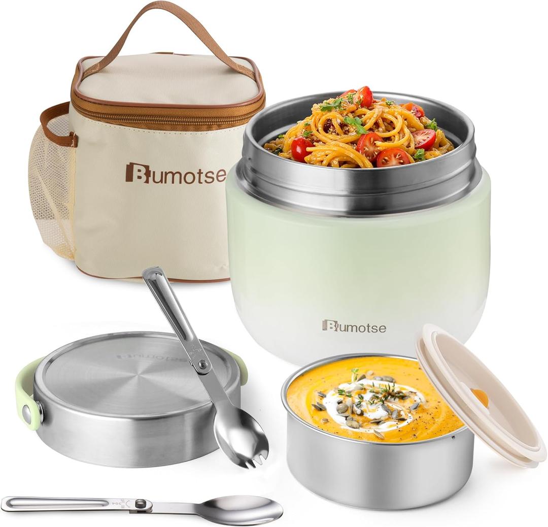 40oz Insulated Food Jar with 2 Compartments, Leak-Proof Thermo for Hot Food Wide Mouth Stainless Steel Includes Spoon and Fork Soup Thermo Lunch Containers Bento Box for Adults, Green