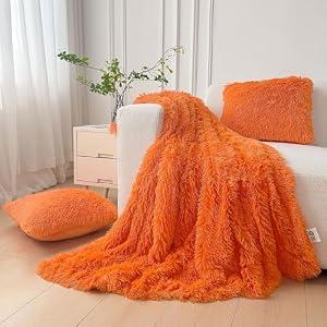 XeGe 3 Pieces Soft Faux Fur Throw Blanket Set, Decoration Fluffy Furry Blanket 50x60, Fall Shaggy Plush Fuzzy Blanket with Set of 2 Throw Pillow Covers 18x18 for Bed Couch Sofa Living Room, Orange