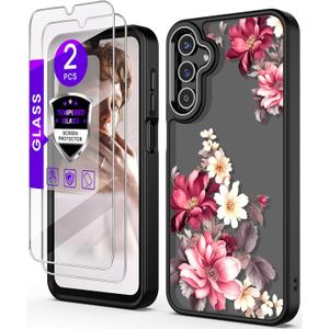 for Samsung A15 5G Case with Tempered Glass Screen Protector, Galaxy A15 5G [Military Grade Protective] Slim Soft TPU & Hard PC, Girls Women Crystal Clear Flower Pattern Cases-Black (Golden Shield Flower Series-Black)