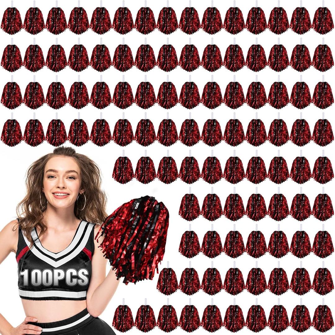 Hanaive 100Pcs Metallic Cheerleading Pom Poms with Baton Handle Cheerleader Pompom Foil 30g Cheering Squad Hand Flowers for Adults Team Spirit Sports Party Cheering