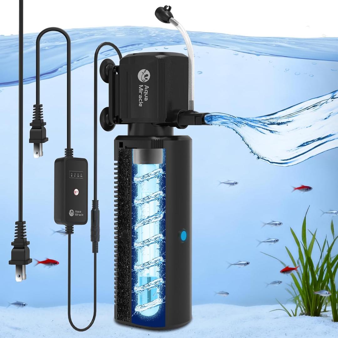 AquaMiracle Fish Tank Filter with Timer & Filter Sponge, 300GPH U - V Aquarium Filter with Aeration & Rainfall Modes, Effective Turtle Filter for Green Water Control (60-150 Gal Tank)