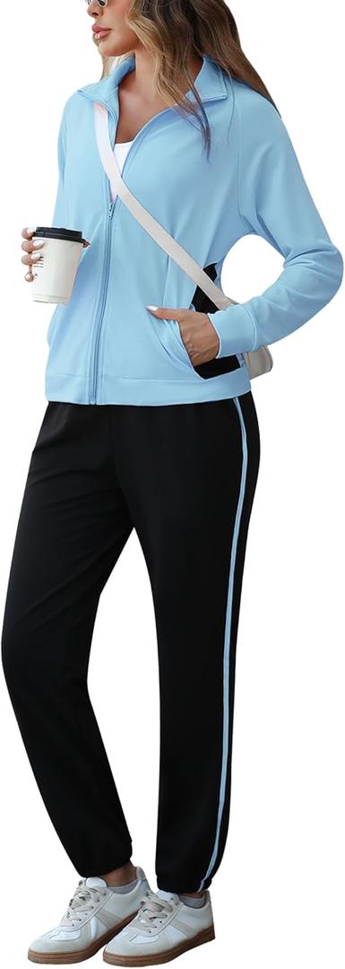 Marvmys Color Block Tracksuit for Women 2 Piece Outfits Fall Sweatsuits Zip Up Jogging Suit Long Sleeve Jogger Lounge Sets (Large, Sky Blue)
