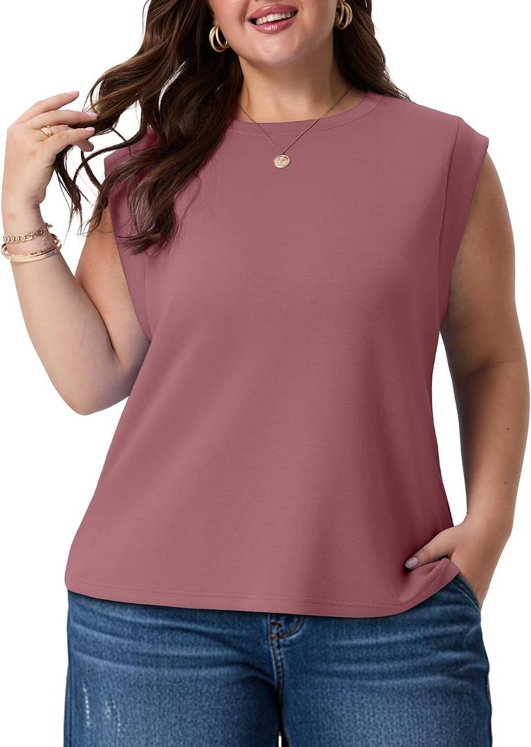 OLRIK Plus Size Tank Tops for Women Cap Sleeve Soft Stretch Summer Blouses Casual Basic Tee with Underarm Coverage (Pink, 4X)