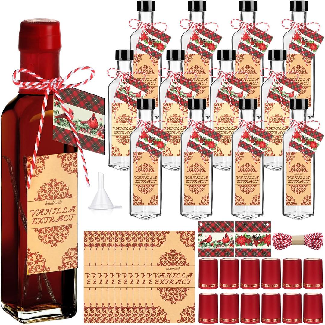 Tioncy 12 Set Vanilla Extract Bottles for Homemade 8.5 oz Glass Vanilla Jar Bottle for Syrup Gifts with Cap Shrink Band Hummingbird Tag Stickers Syrup Gifts Giving for Christmas (Clear)
