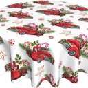 Christmas Red Truck Tablecloth Winter Fir Branch Xmas Star Candy Cane Round Tablecloths Circular Table Cover Cloths Washable Polyester Tabletop Runner for Kitchen Party Picnic Dining Decor 60 Inch