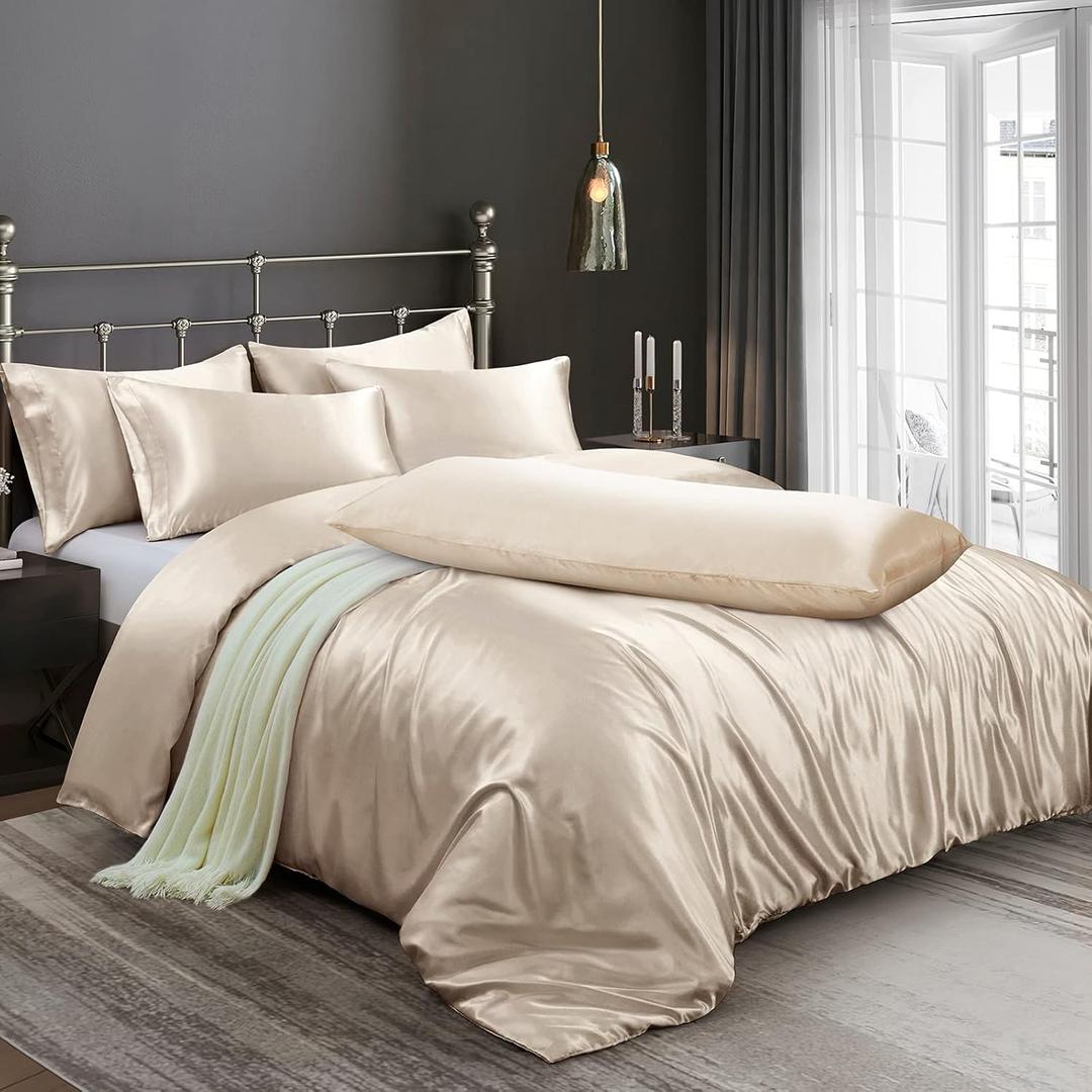 Ersmak 6 Pieces Satin Duvet Cover Full/Queen Size Luxury Silky Bedding Duvet Cover Set with 1 Soft Duvet Cover, 4 Queen Pillowcases and 1 Body Pillowcase, Beige (Beige (No Comforter))