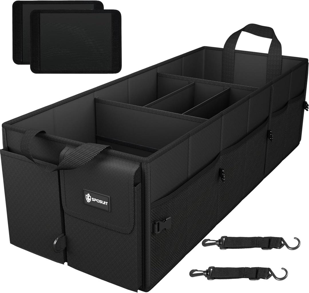 Sposuit Extra Large Trunk Organizer 98L Collapsible Car Storage Trunk Organizer with Removable Dividers & Adjustable Securing Straps for Car SUV Van (Black)
