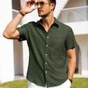Alimens & Gentle Mens Linen Shirts Short Sleeve Button Down Shirts Wrinkle Free Casual Vacation Beach Summer Tops (Green, M)