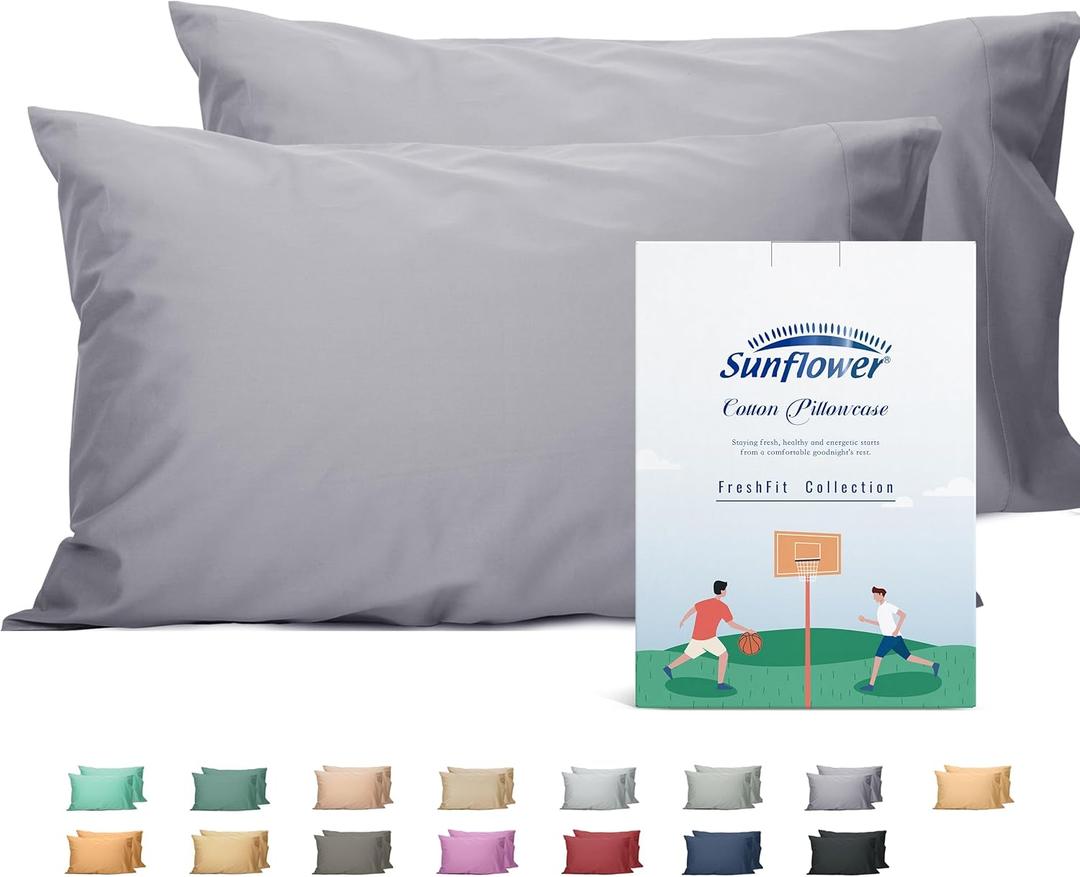Sunflower Queen Pillowcases Set of 2, 100% Cotton Queen Pillow Cases 2, 2030 inches Frost Gray, Soft and Breathable