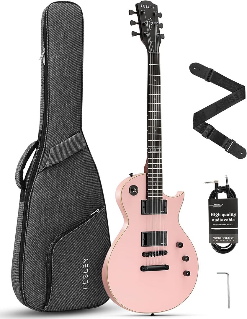 Fesley 39" LP Electric Guitar Kit: Full Size Solid Body Electric Guitars for Beginners with Humbucker Pickups, Poplar Body, Mahogany Neck,22 Frets,6 String Guitar with Gig Bag,Cable,FLP350, Pink