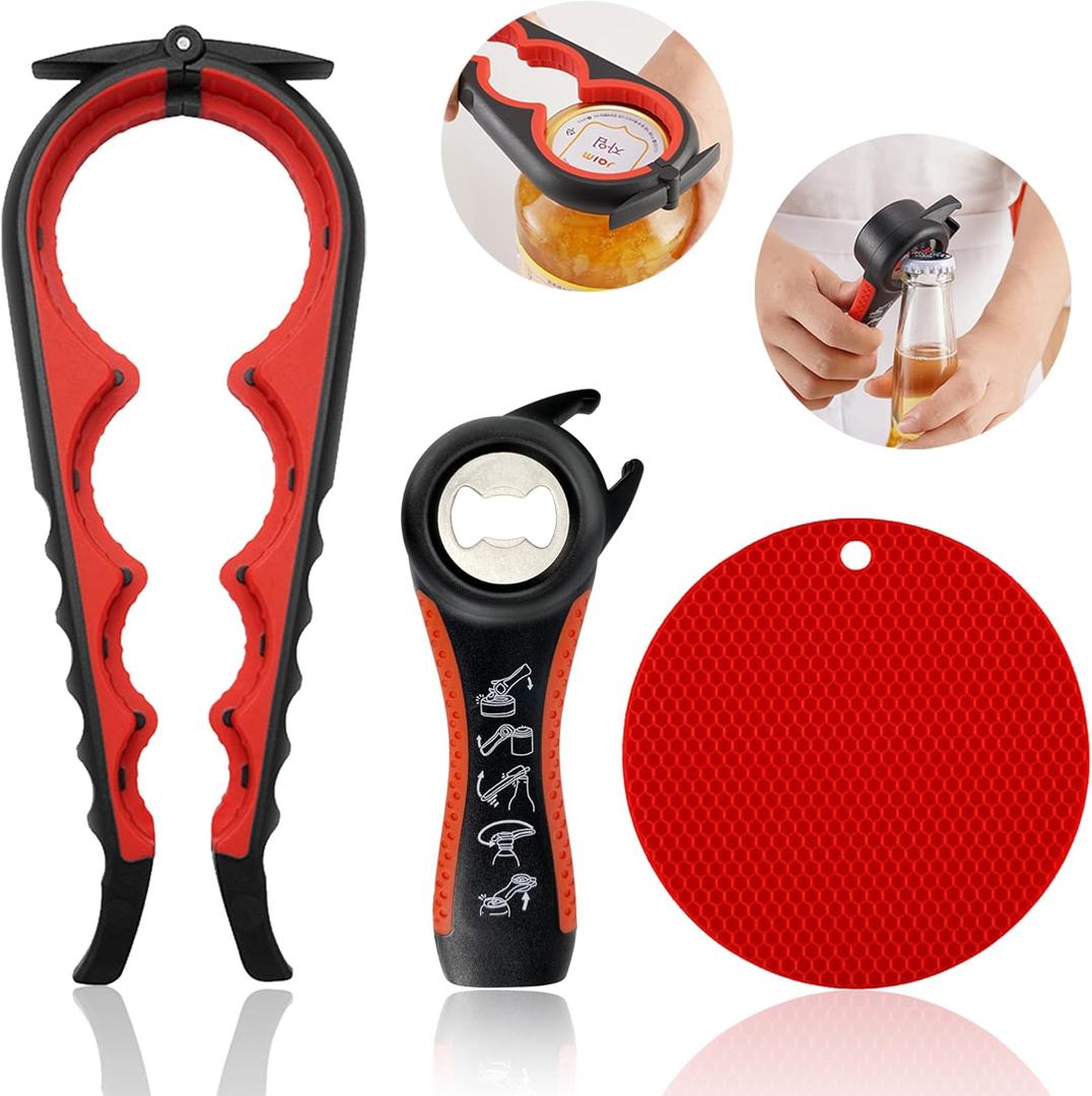Jar Opener for Weak Hands, Seniors with Arthritis, 5 in 1 Multi Function Bottle Opener Lid Opener For Arthritic Hands with Non Slip Rubber Jar opener Gripper Pad(red) (3-Piece Set)