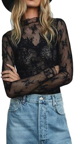 Sheer Mesh Long Sleeve Layering Top for Women Mock Neck Floral Lace Tshirt See Through Tee Shirt Blouse L