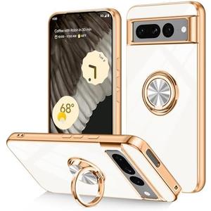 Dinick for Google Pixel 7 Pro Case with Ring Holder Kickstand, Soft TPU Gold Plated Cover, Anti-Scratch, Shockproof Protection, Slim, Magnetic Stand Case for Google Pixel 7 Pro, White