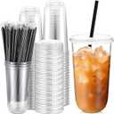 Ziliny 100 Set Clear Plastic Cups with Lids and Straws, Disposable Iced Coffee PET Cups for Drinking Cold Beverage Juice Parfait Smoothie Milkshake Coffee Shops Party Supplies (20 oz)